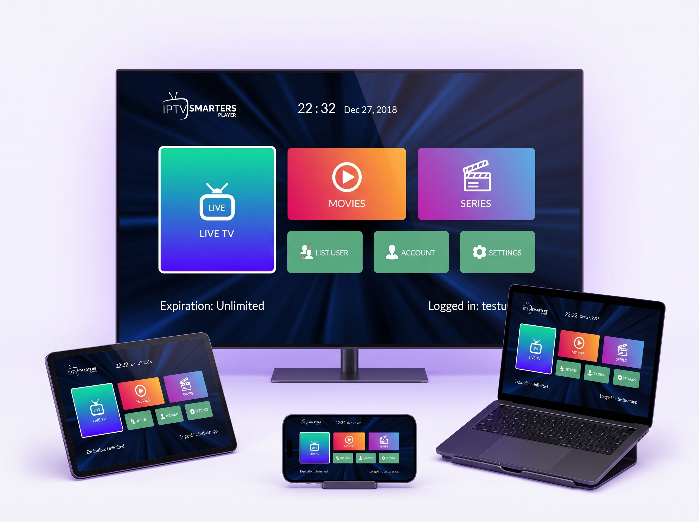 IPTV Smarters Pro sur une Smart TV 4K dans un salon moderne : interface avec chaînes en direct, films, séries et sport